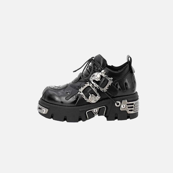 Front view of the black Gothic Platform Buckle Shoes in a gray background