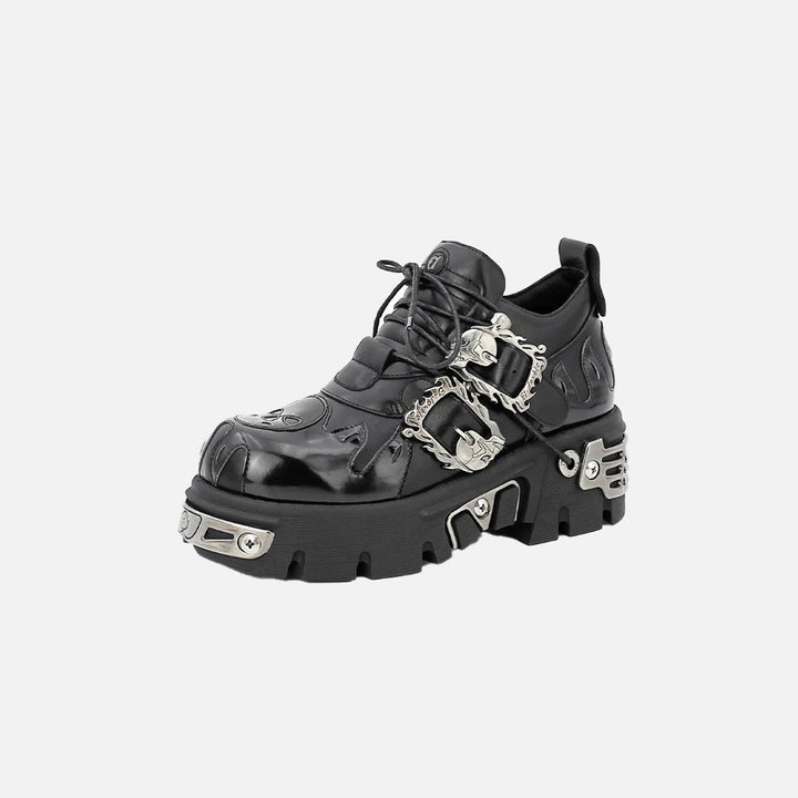 Front view of the black Gothic Platform Buckle Shoes in a gray background