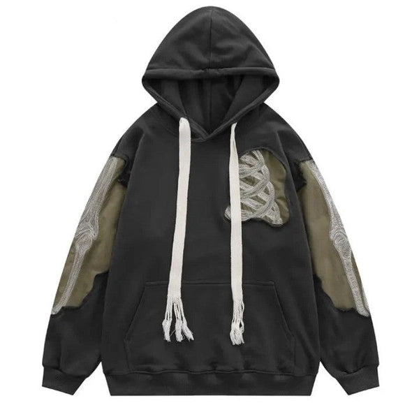 Y2K Skeleton Bones 3D Patchwork Hoodie  Black S  - VILIVAUN