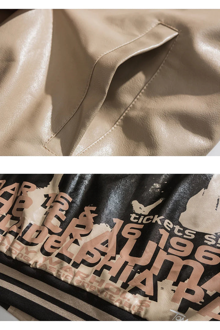 Varsity Portrait PU Leather Bomber Jacket     - VILIVAUN
