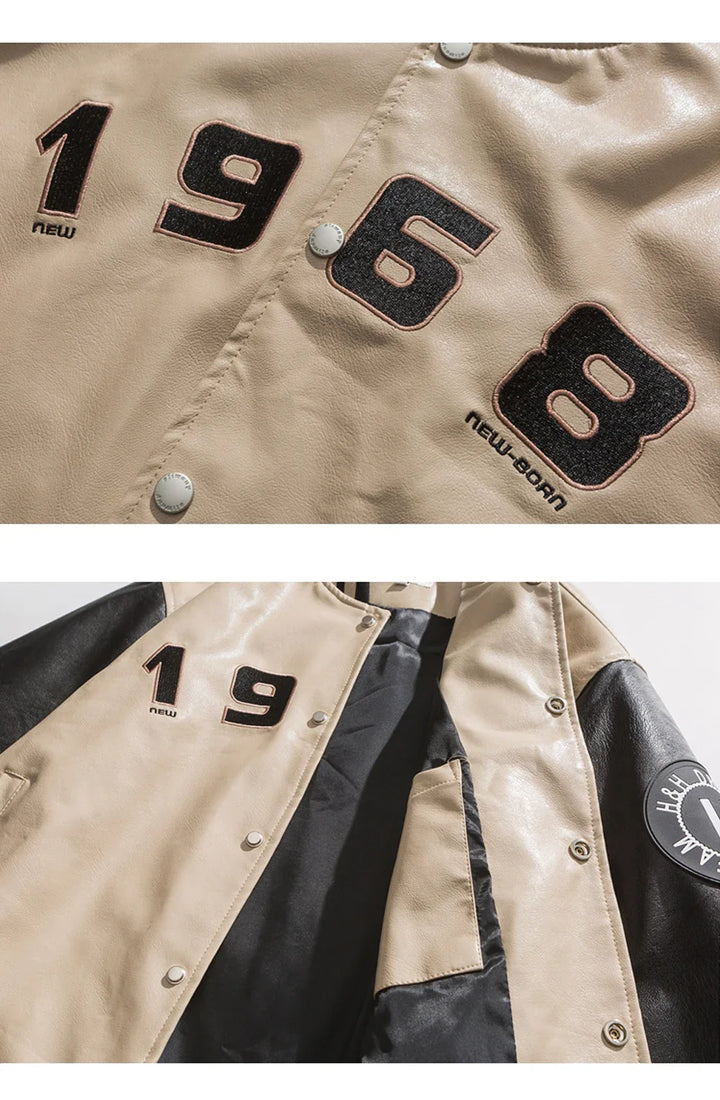 Varsity Portrait PU Leather Bomber Jacket     - VILIVAUN