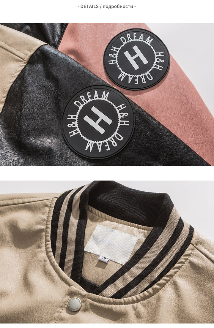 Varsity Portrait PU Leather Bomber Jacket     - VILIVAUN