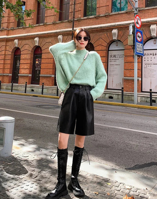 Elastic Waist PU Leather Bermuda Shorts