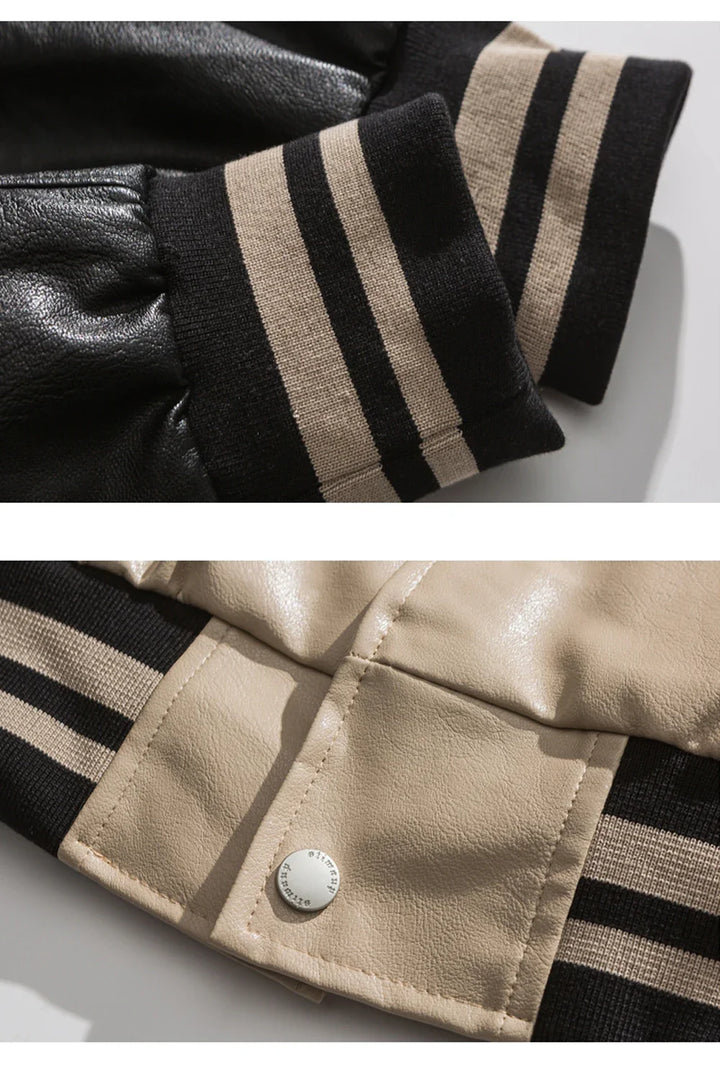Varsity Portrait PU Leather Bomber Jacket     - VILIVAUN