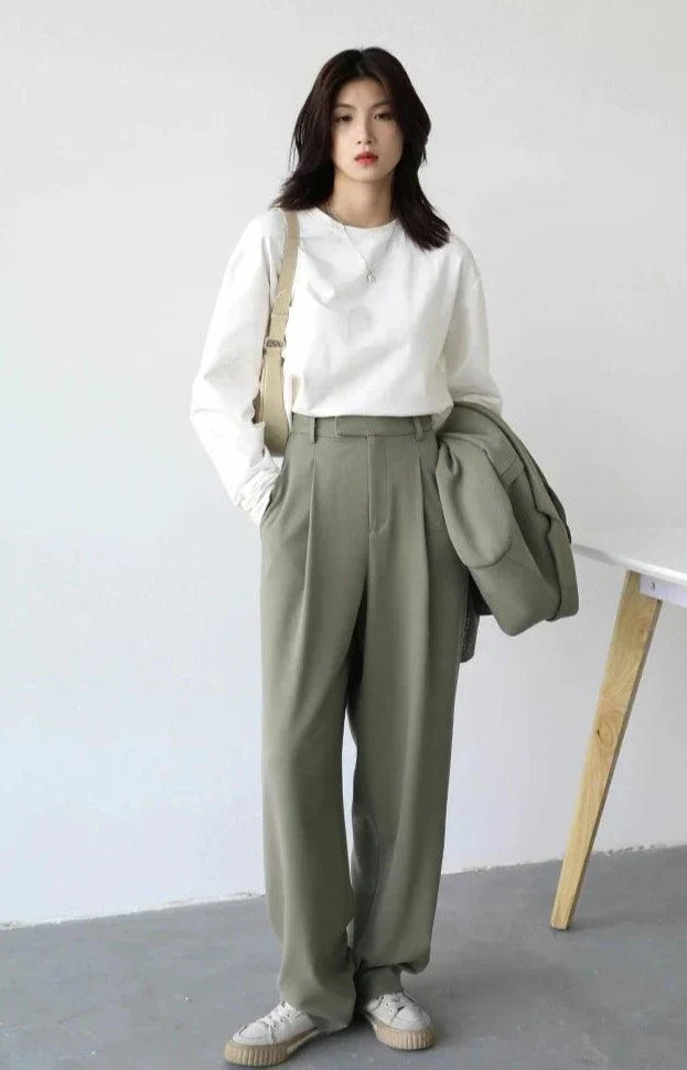 Simple Casual Office Women's Pant  Green S  - VILIVAUN