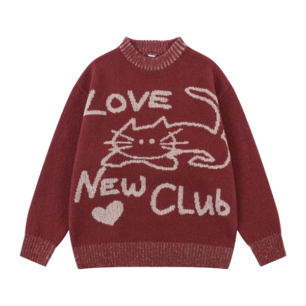 Knitted Love Cat Loose Sweater     - VILIVAUN