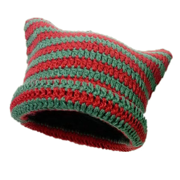 Cute Cat Ears Striped Beanie  RedGreen One Size  - VILIVAUN