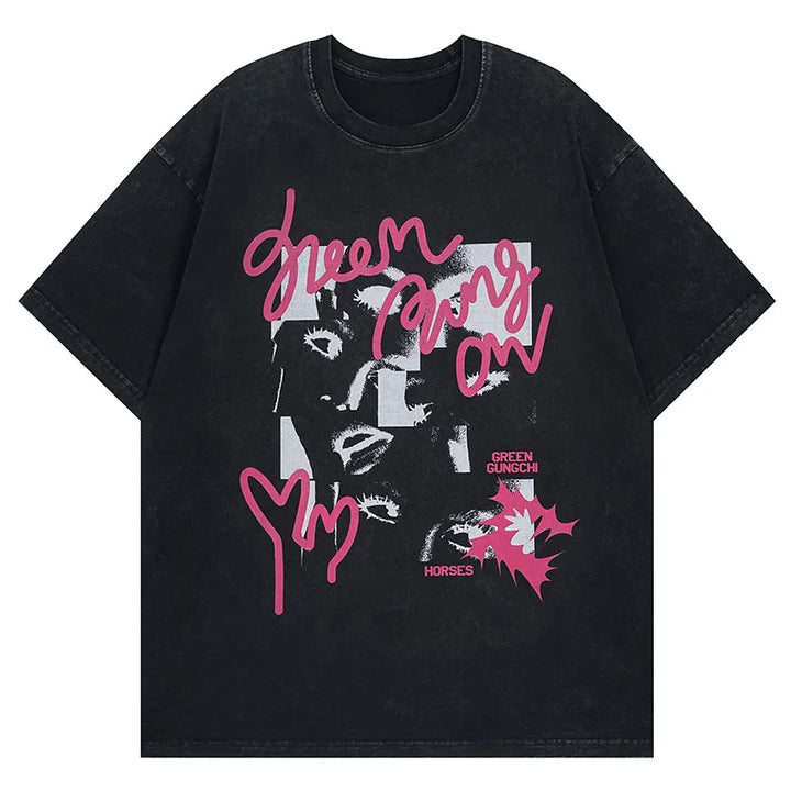 Women's Face Printed T-Shirt  Black S  - VILIVAUN