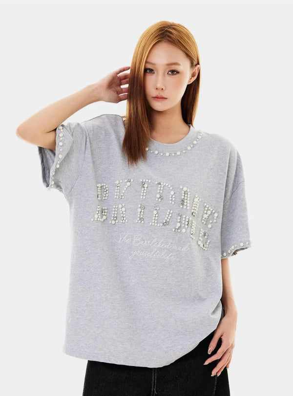 Embroidered Beading Crew Neck Short T-Shirt