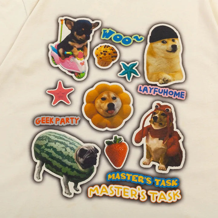 Cartoon Dog Photo Stickers Oversized T-Shirt     - VILIVAUN