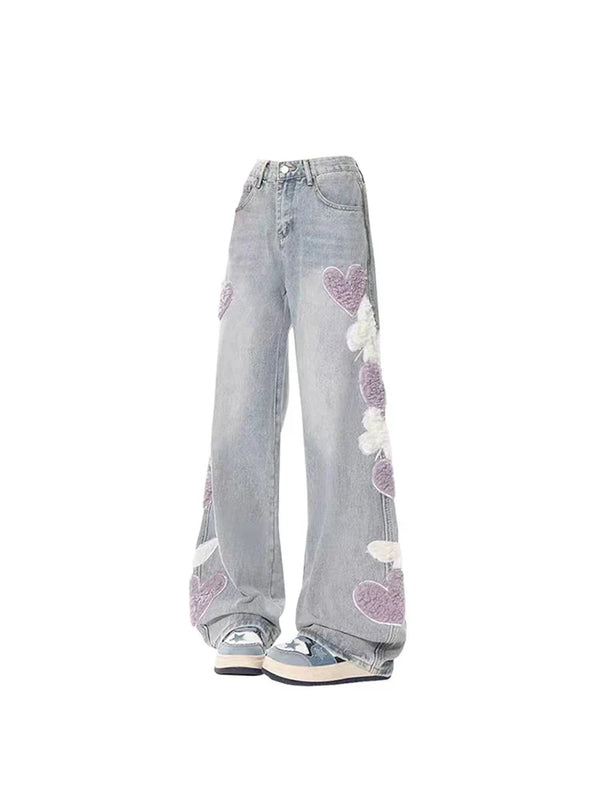 Soft Girl Fluffy Heart Butterfly Jeans