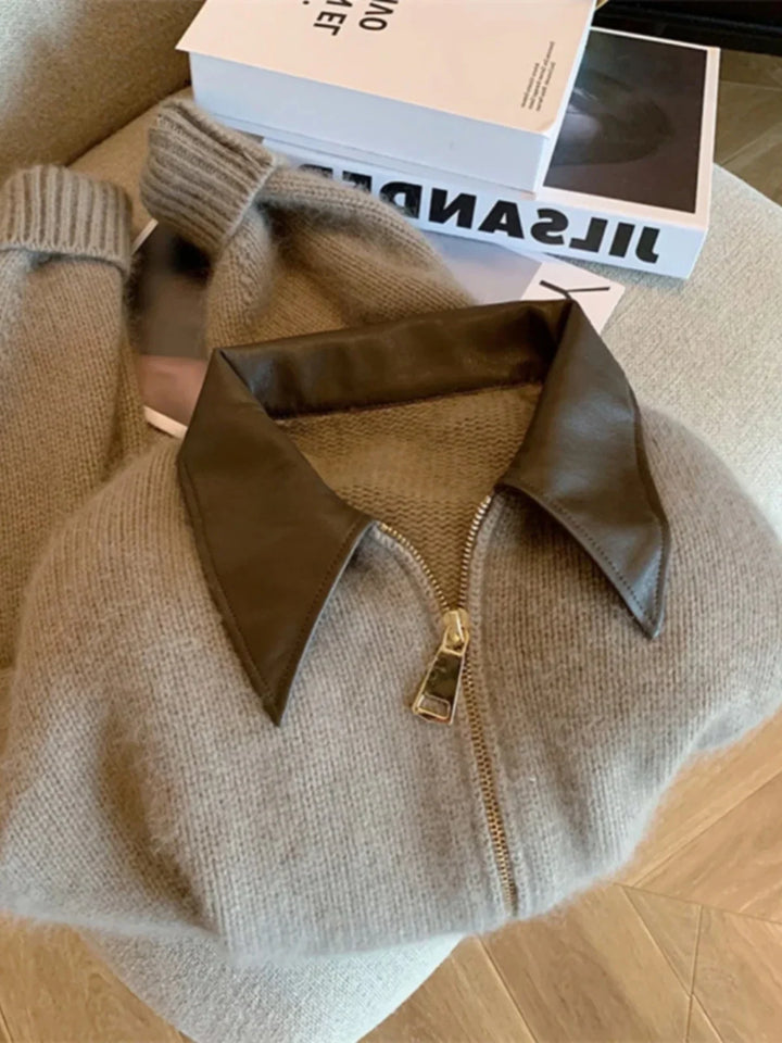 Y2k Spliced Leather Collar Knitted Soft Cardigen - VILIVAUN