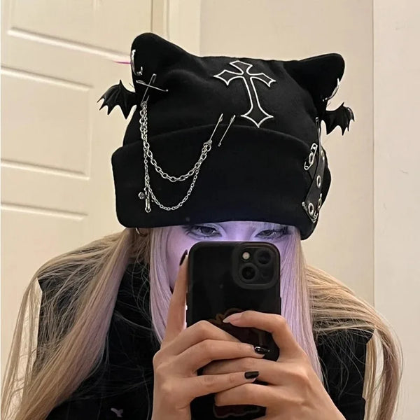 Gothic Grunge Cat Black Beanie