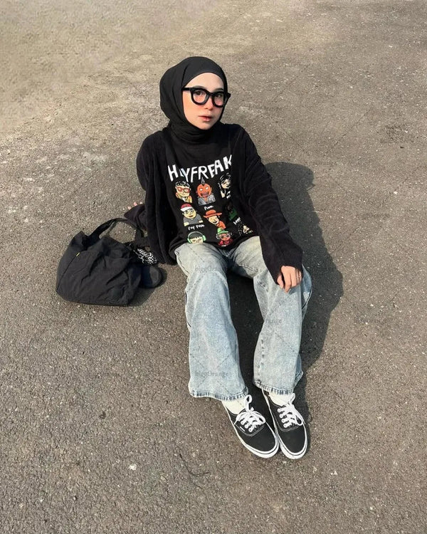 Casual Cartoon Pattern Loose Black T-Shirt