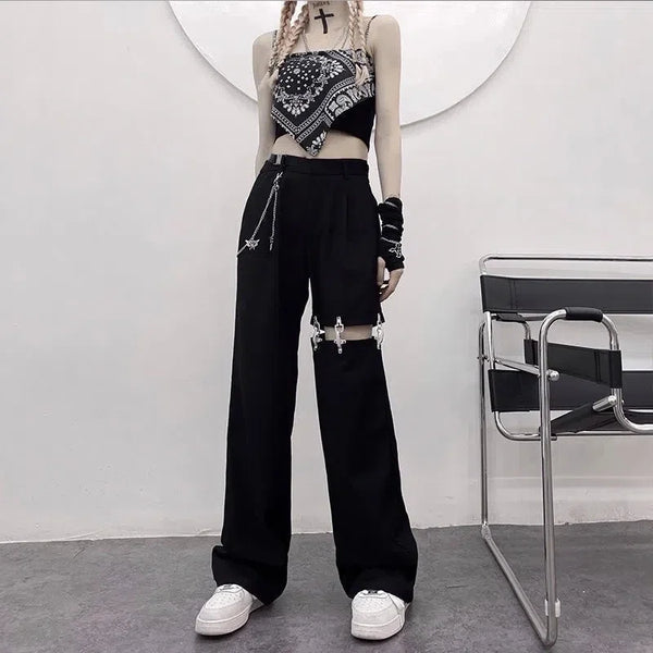 High Waist Hollow Out Wide Black Pants