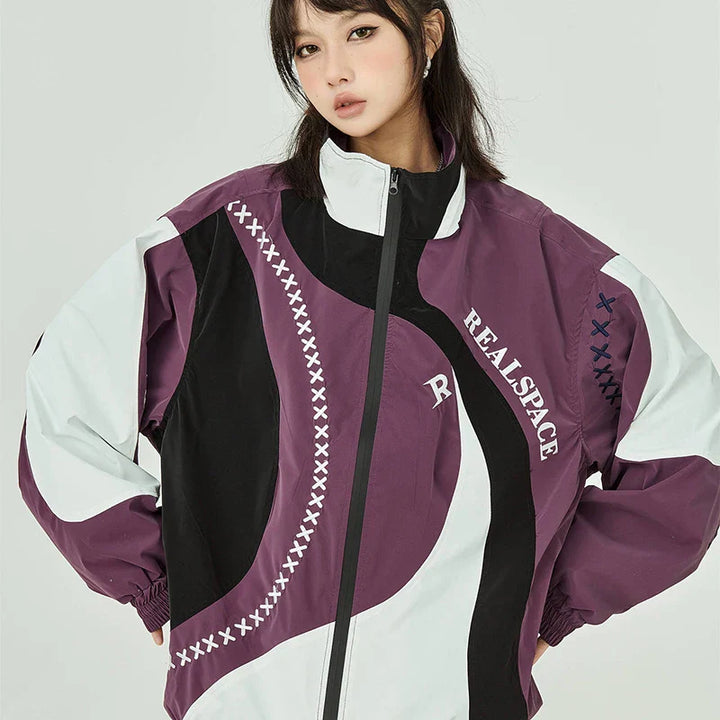 Embroidery Stripe Patchwork Jacket     - VILIVAUN