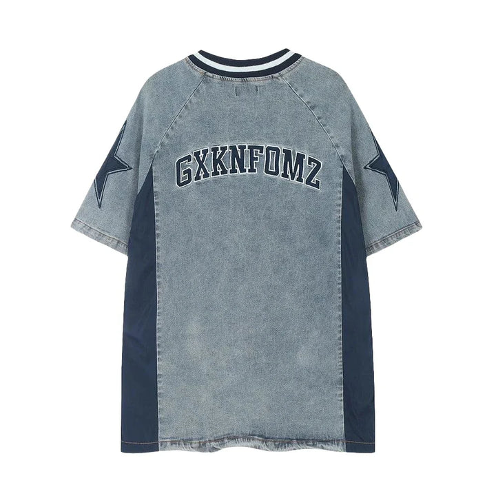 Patchwork Jersey Denim T-shirt     - VILIVAUN