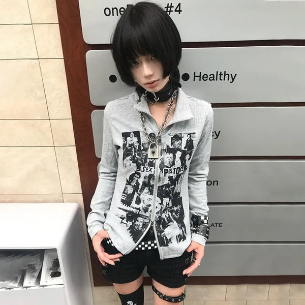 Grunge Graffiti Print Zipper T-Shirt