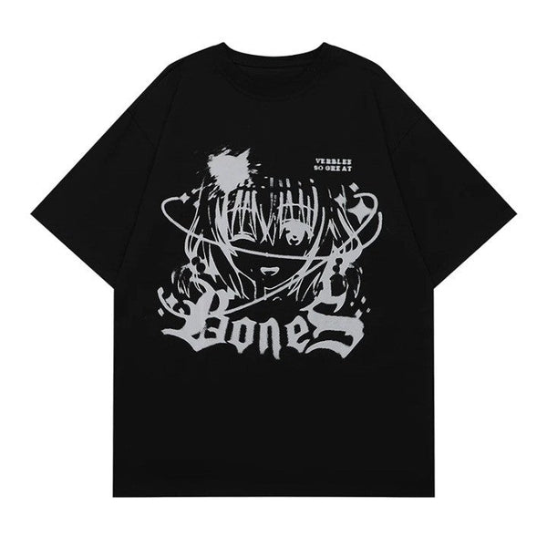 Y2K Aesthetic Anime Girl Oversized Women's T-Shirt  Black S  - VILIVAUN