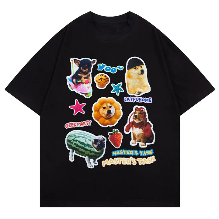 Cartoon Dog Photo Stickers Oversized T-Shirt  Black M  - VILIVAUN
