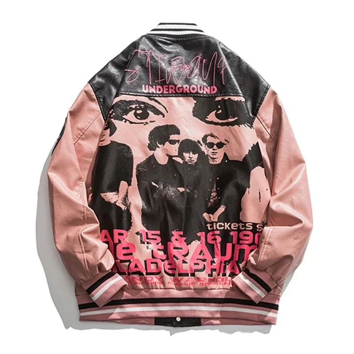Varsity Portrait PU Leather Bomber Jacket  Pink M  - VILIVAUN