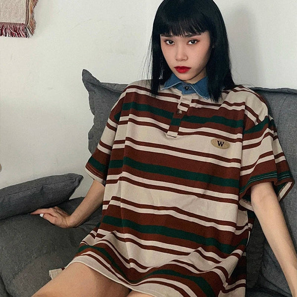 Retro Stripe Oversized Polo T-Shirt