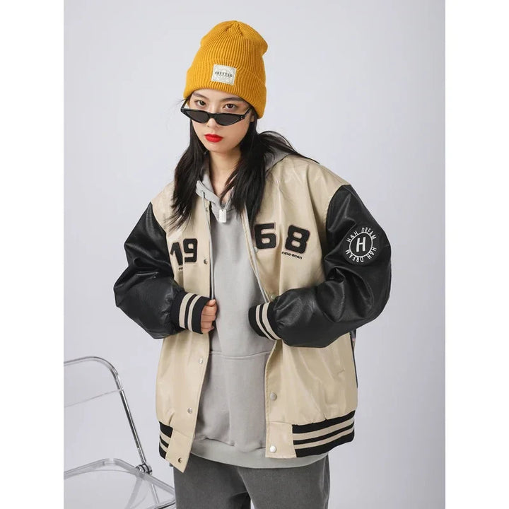 Varsity Portrait PU Leather Bomber Jacket     - VILIVAUN
