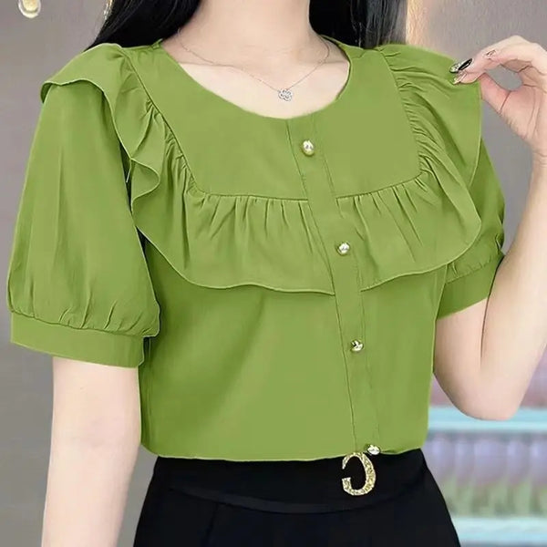 Chiffon Patchwork Ruffles Button Neck Shirt