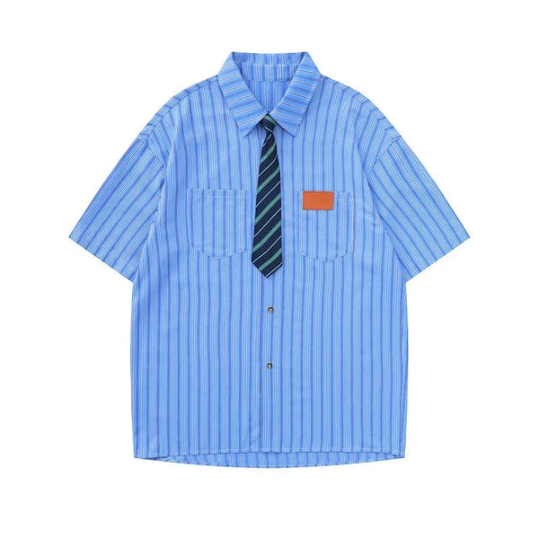 Spring Necktie Striped Shirt  Blue M  - VILIVAUN