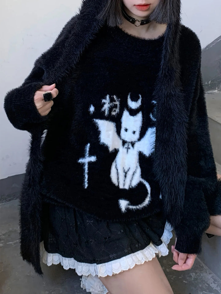 Y2k Demon Dream Cat Knitted Sweater  black S  - VILIVAUN