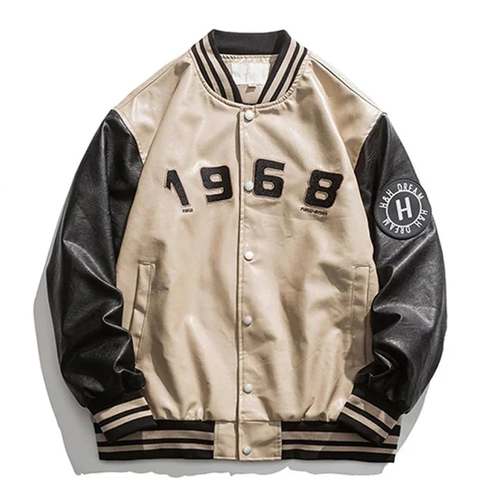 Varsity Portrait PU Leather Bomber Jacket  Khaki M  - VILIVAUN