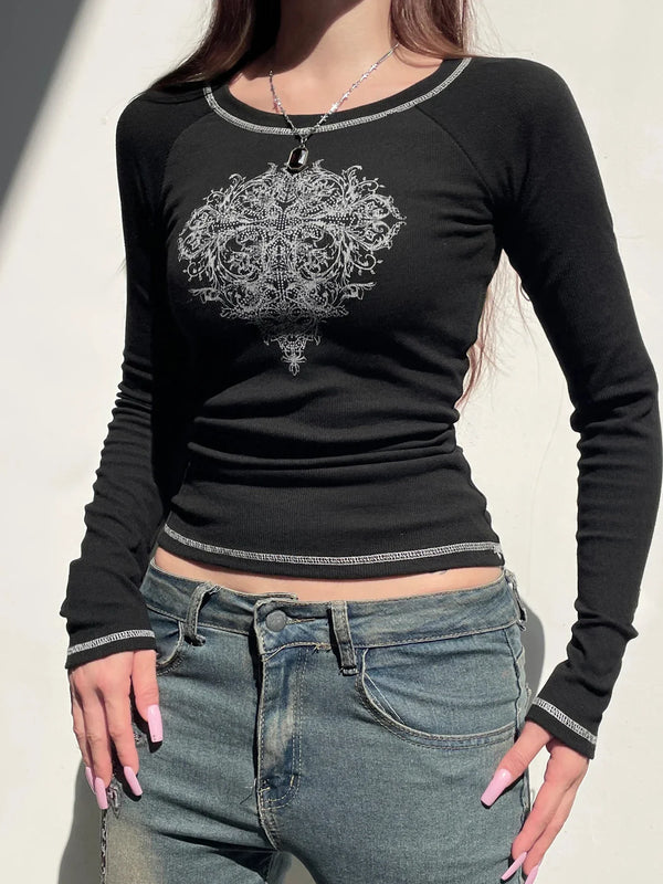 Y2K Slim Fit Dark Print O-Neck T-Shirt