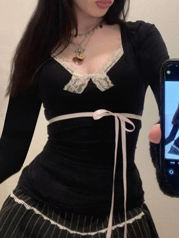 Sweet Lace Trim Deep V-Neck T-Shirt