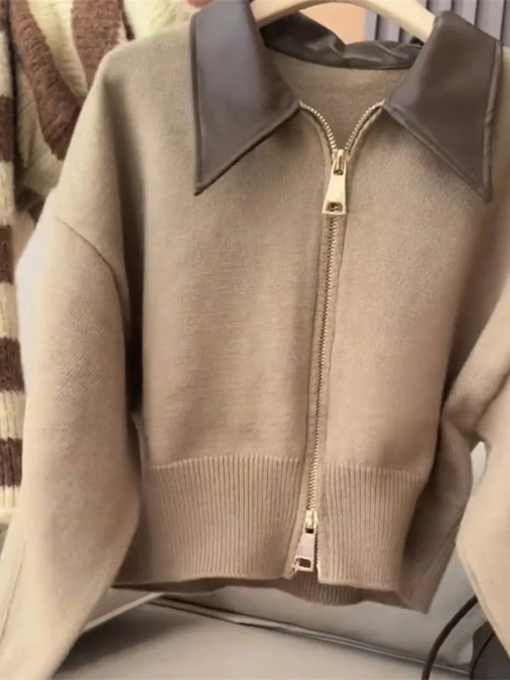 Y2k Spliced Leather Collar Knitted Soft Cardigen - VILIVAUN