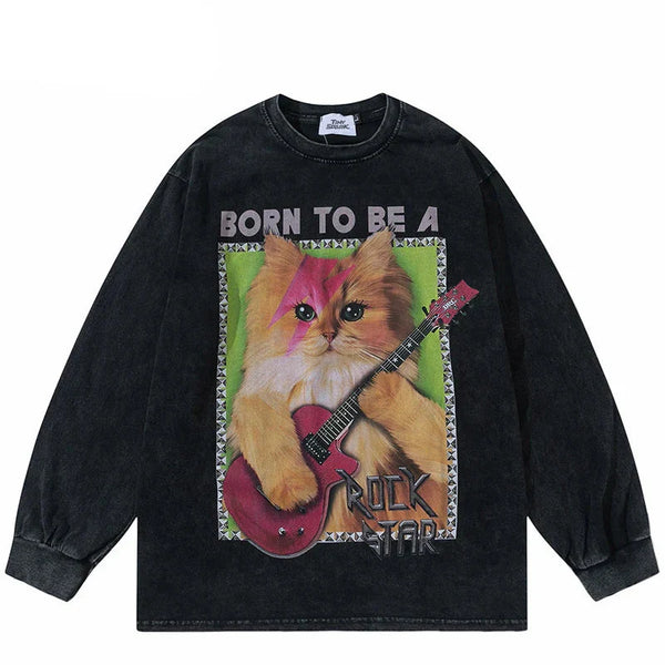 Graphic Rock Guitar Cat Print Sweatshirt