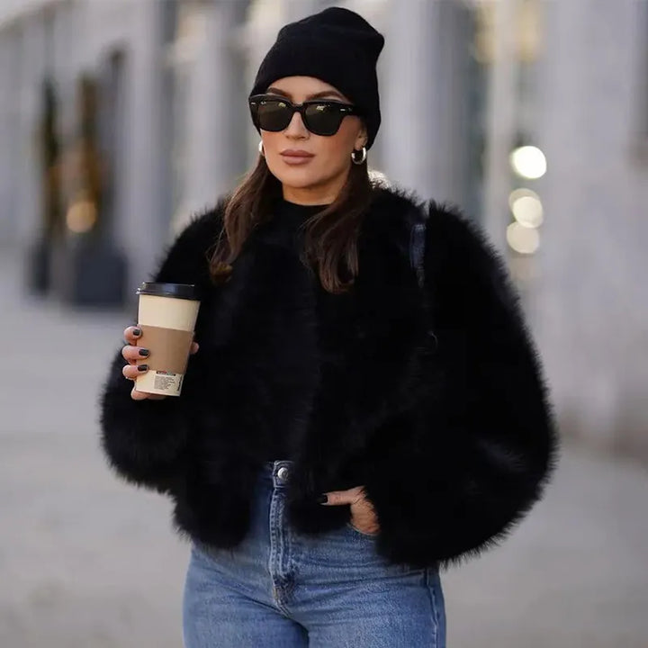 Luxury Cropped Faux Fur Coat Jacket  Black M  - VILIVAUN