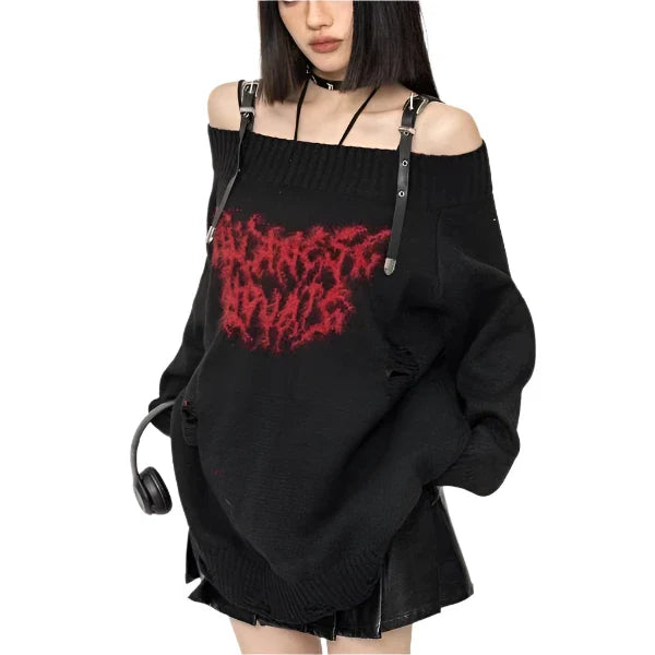 Y2k Gothic Slash Noir Sweater  Black S  - VILIVAUN
