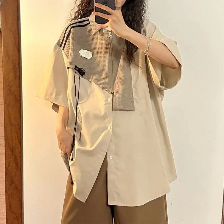 Y2K Patchwork Oversized Women's Shirt     - VILIVAUN