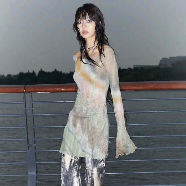 Y2K Vintage Flare Sleeve Sheer Mesh Top