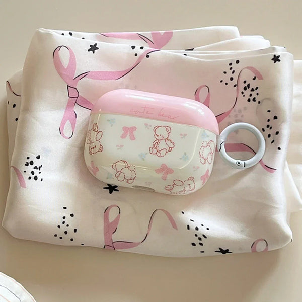 Cute Pink Bowknot Flowers Bear Air Pods Case