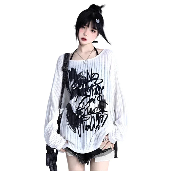Y2k Graffiti Rebel Wrap Sweater  White S  - VILIVAUN