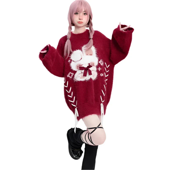 Red Kawaii Knitted Bunny Sweater - VILIVAUN