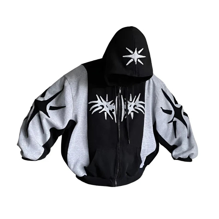 Y2K Vintage Zip-Up Patchwork Hoodie     - VILIVAUN