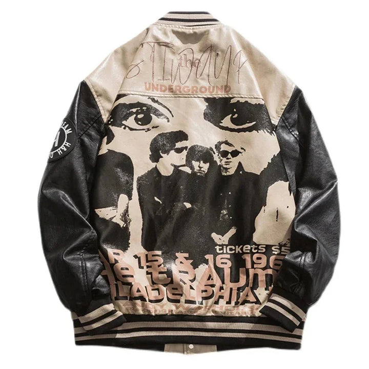 Varsity Portrait PU Leather Bomber Jacket     - VILIVAUN