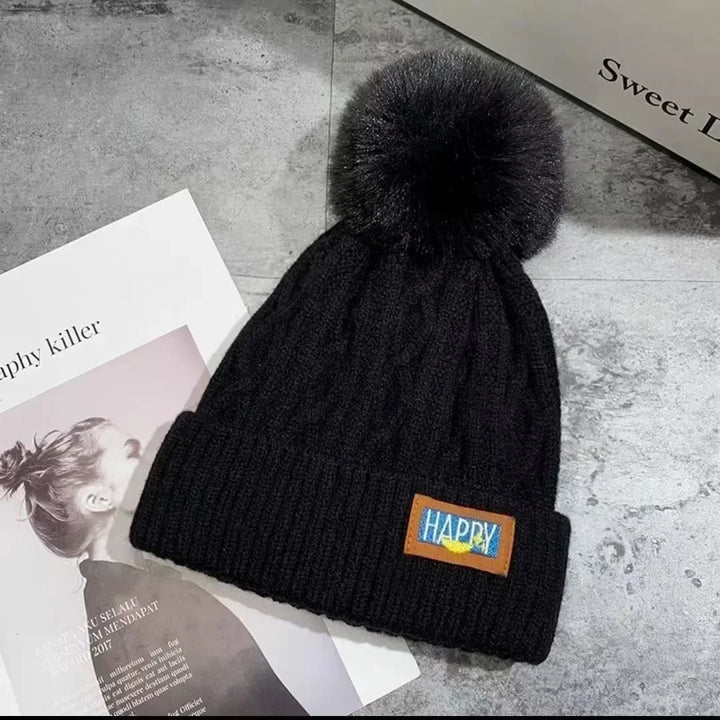 Winter Thick Fur Ball Knitted Beanie  Black   - VILIVAUN