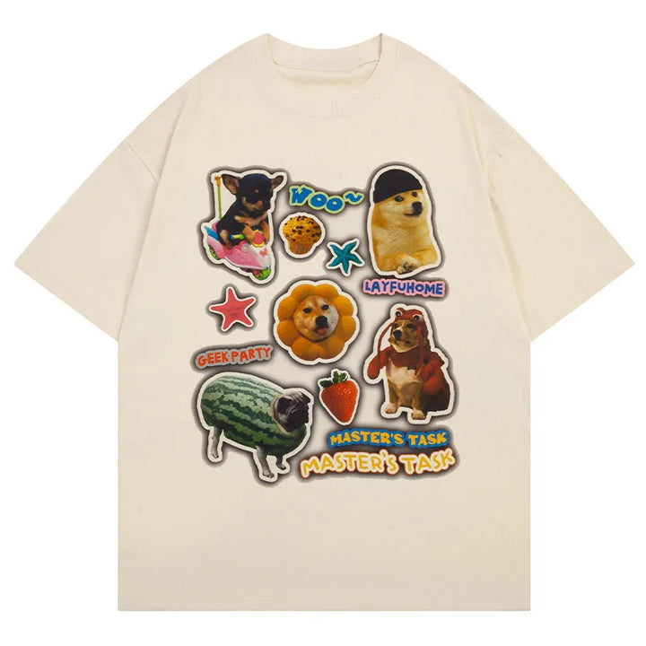 Cartoon Dog Photo Stickers Oversized T-Shirt  Apricot M  - VILIVAUN