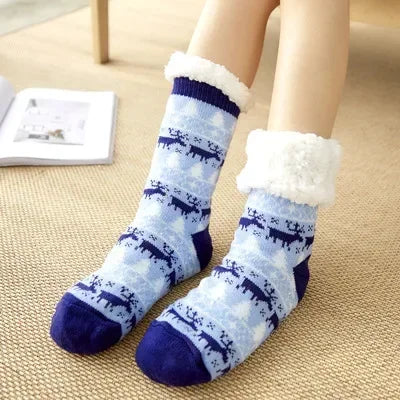 Christmas Fluffy Socks  Christmas deer Blue One Size  - VILIVAUN