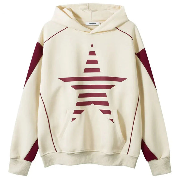 Y2K Star Striped Patchwork Hoodie Beige M - VILIVAUN