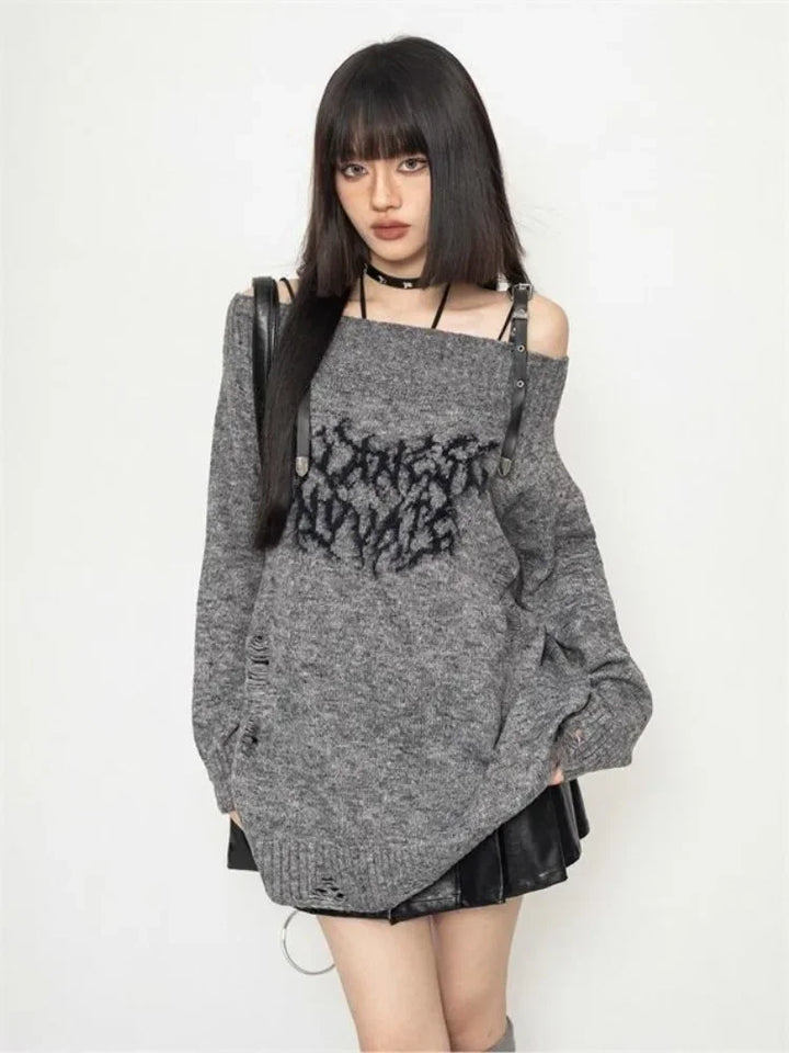 Y2k Gothic Slash Noir Sweater     - VILIVAUN