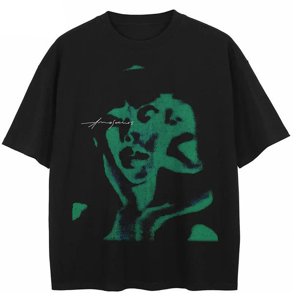 Black t-shirt with green graphic design on a white background